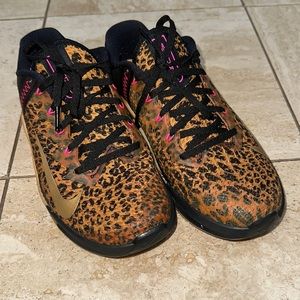 Nike Women's Leopard Print Sneakers with Gold Swoosh and Pink Accents